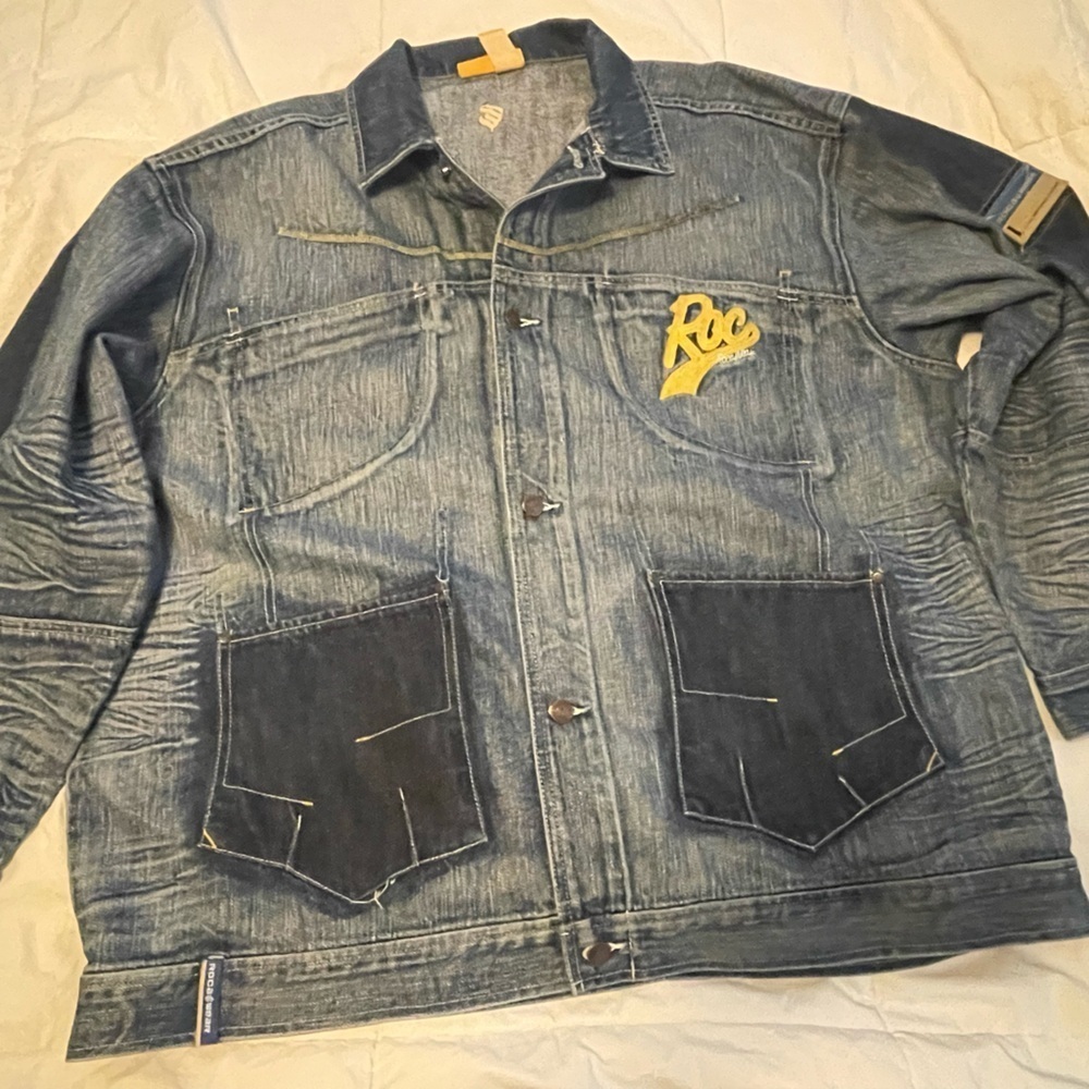 Roca Wear 2XL Y2K Streetwear Distressed Blue Jean Jacket - Picture 13 of 14